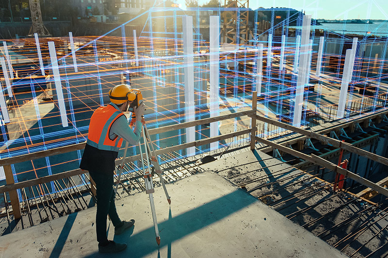 Futuristic Digitalization of Buildings Construction. Architectural Engineer Uses Virtual Reality Software Creating and Developing Commercial House. Future of Real Estate Development