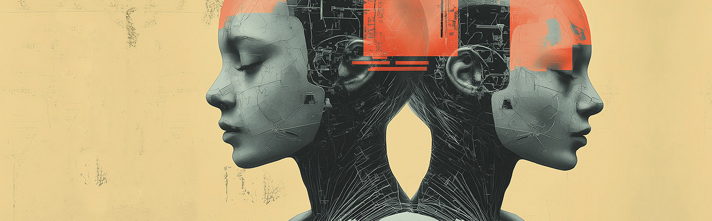 Abstraktes Portrait mit zwei weiblichen KI-Köpfen, Collage