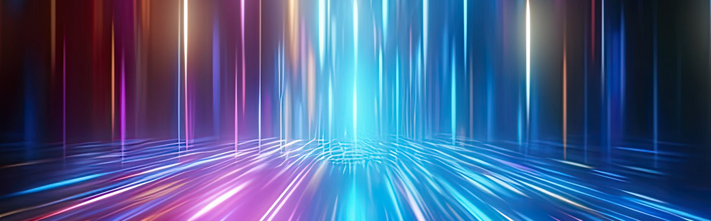 Futuristic abstract background with bright blue and purple neon beams, symbolizing high-speed data transfer and digital communication.