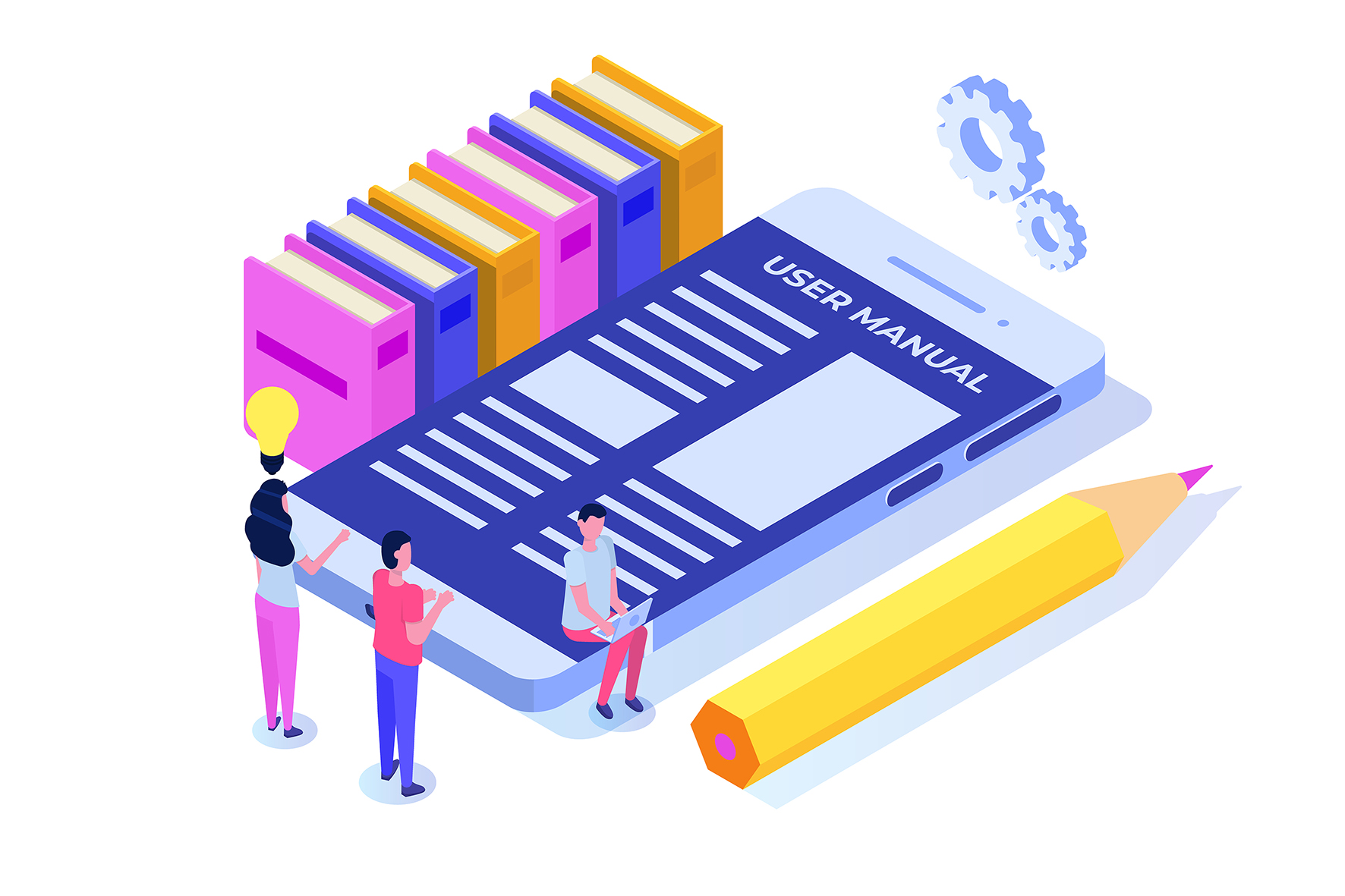 User manual  isometric concept. People with guide instruction are discussing about content of handbook. Vector illustration.