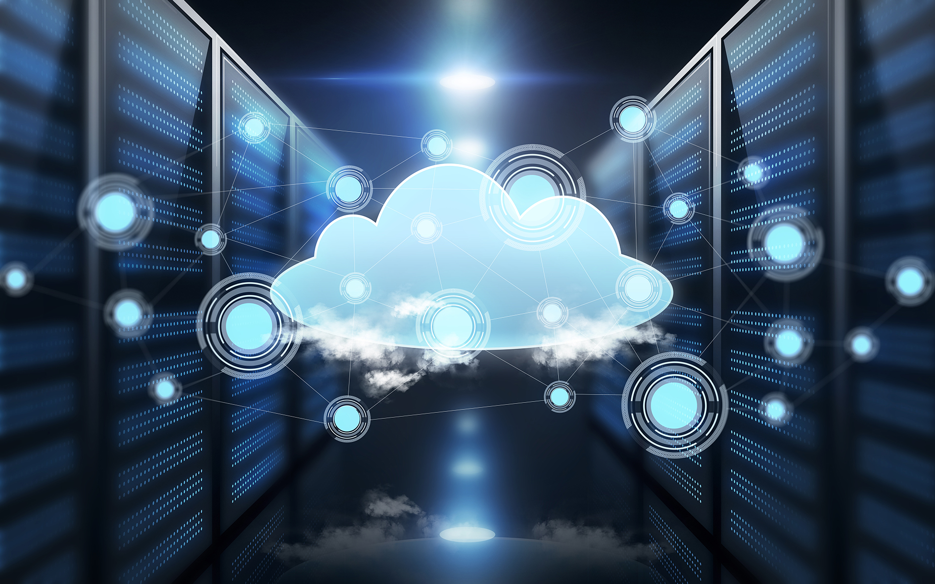 virtual cloud hologram over futuristic server room