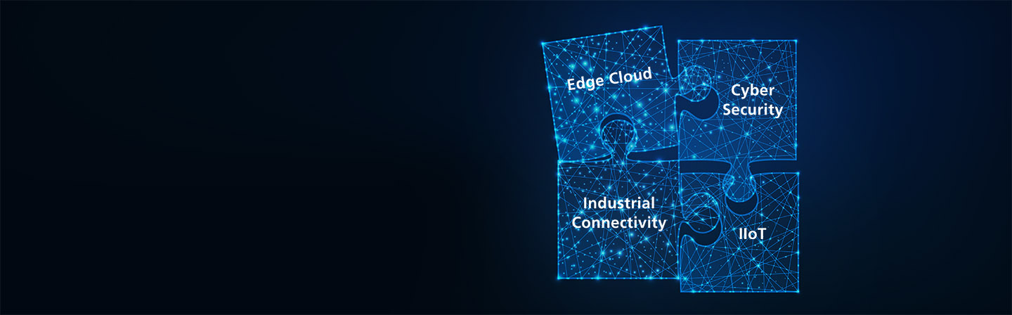  four glowing low poly jigsaw puzzle pieces on dark blue background. Futuristic wireframe design vector illustration.