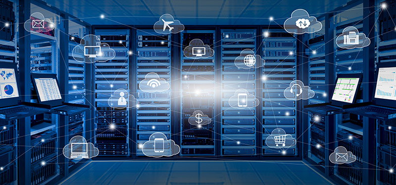 Internet data center room with server and networking device on rack cabinet and kvm monitor with charts on screen and cloud services icon with connection lines, cloud computing concept