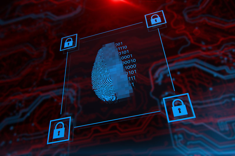 Cybersecurity and information technology. Blue, red background with digital integrated network technology. Printed circuit board. Technology background. 3D illustration.