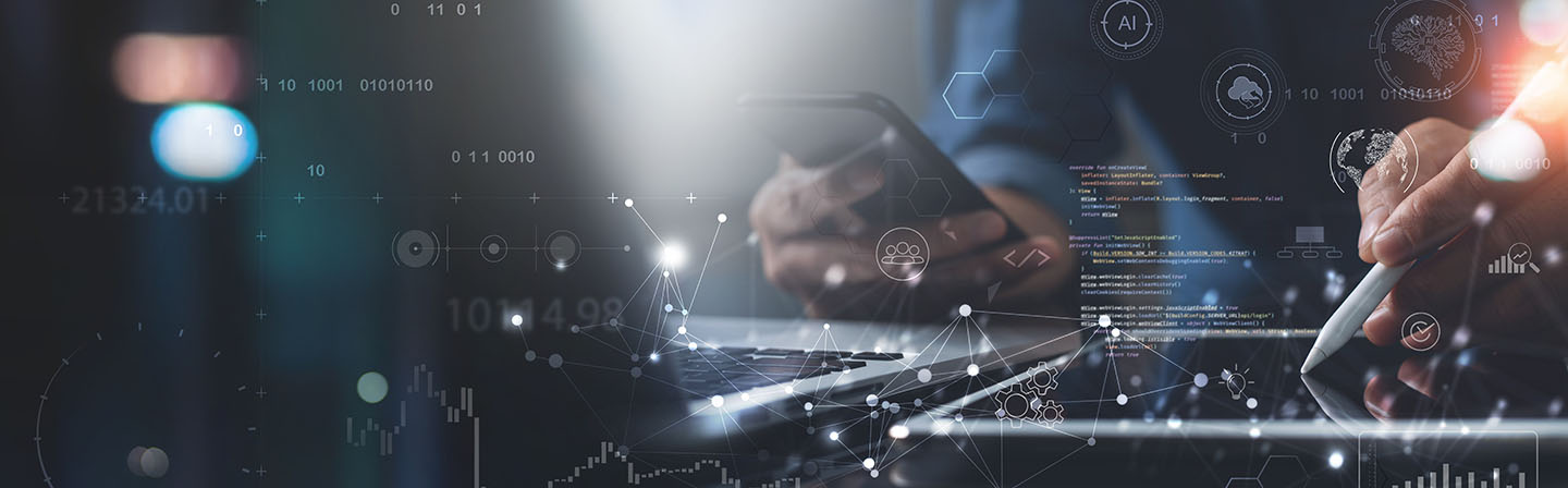 Software engineer working on digital tablet with computer code and big data