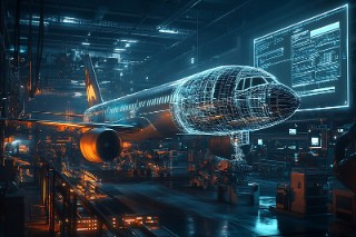 Wireframe style rendered airplane in a assembly line.