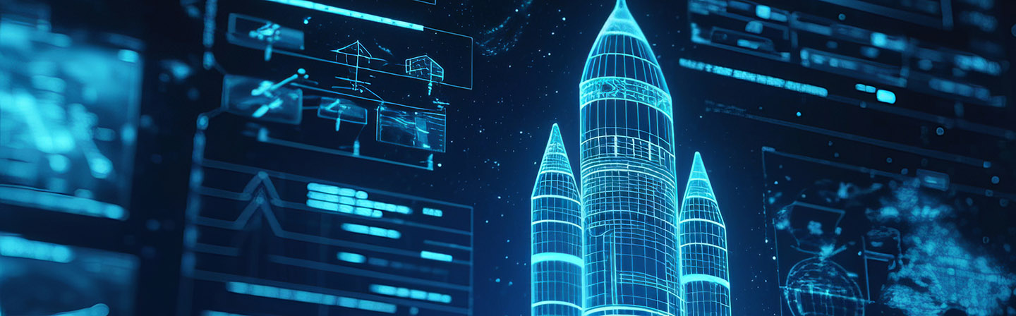 High-tech projection of a futuristic spacecraft design on a glass interface